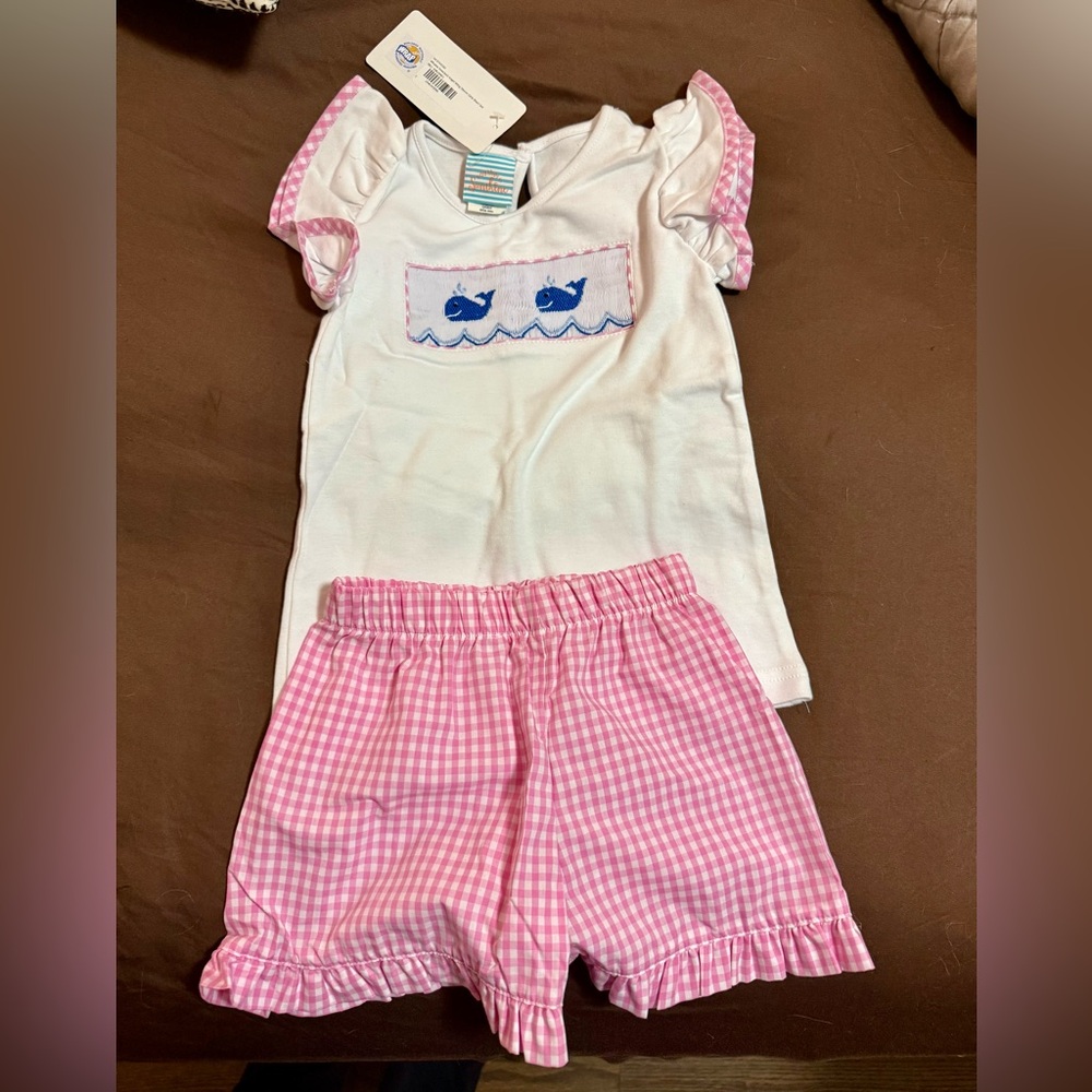 Girls Pink Gingham Shorts & White Top Set with Whale Appliqué
